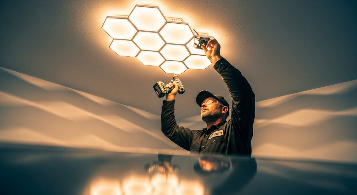 Electrician installing honeycomb LED garage lighting Las Vegas